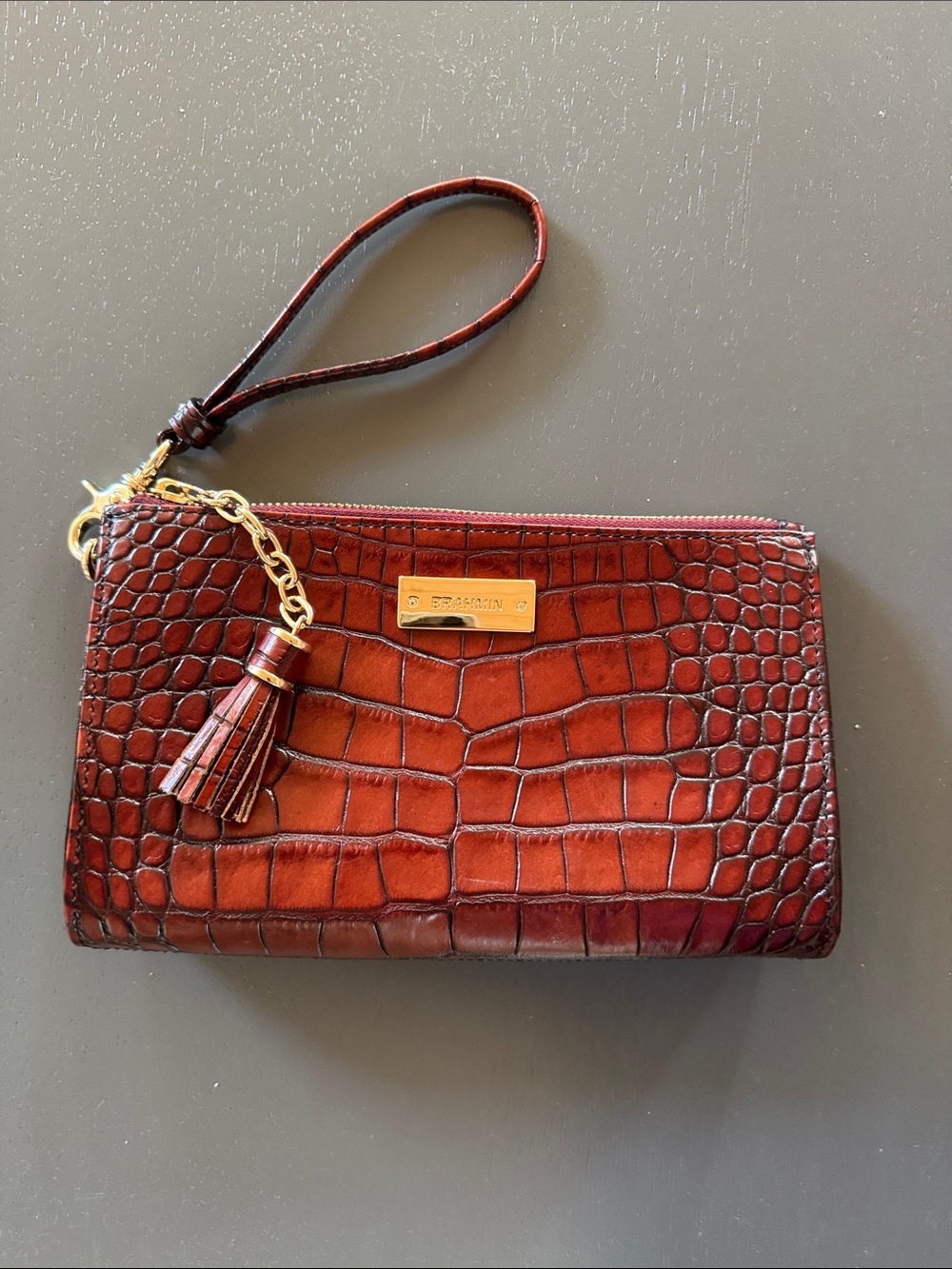 Brahmin Croc-Embossed Leather Wristlet - Chestnut Brown